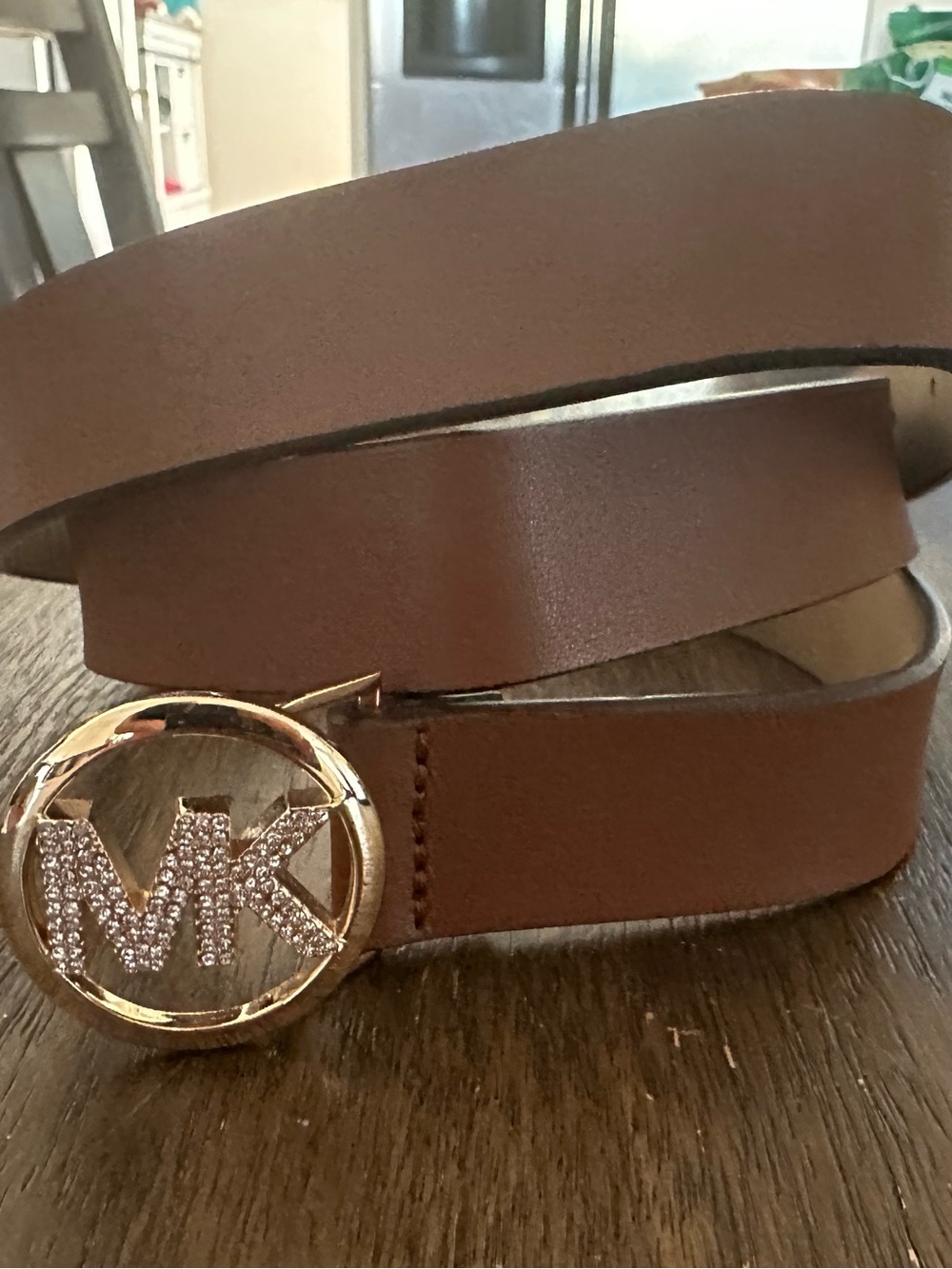 Michael Kors Tan Leather Belt with Gold MK Crystal Buckle size L/Xl new